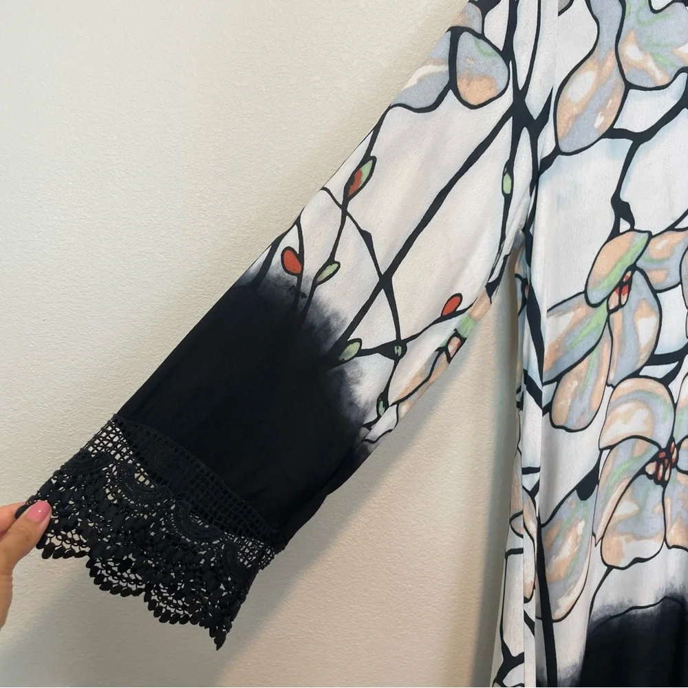 Language Floral Ombre V Neck Lace Trim Tunic Top Art to Wear Lagenlook Medium - Picture 6 of 6